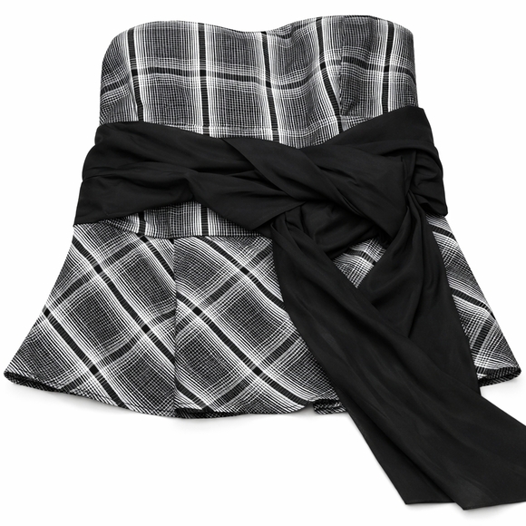 ZARA Black & White Plaid Strapless Peplum Top w/ Bow Belt Size L NWT Y2K - Picture 2 of 6